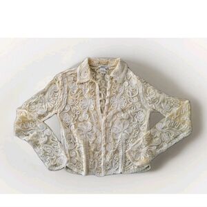 Vintage Cache Sheer Swirl Embroidered Soutache White Cream Dress Beaded Jacket M